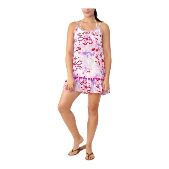 Miken Purple Tie-Dye Juniors Printed Tiered Pom-Pom Swim Cover-up Large NWT - Picture 1 of 5